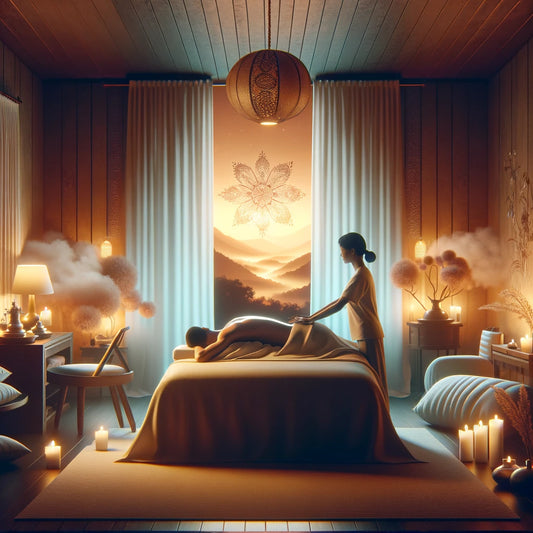 The image illustrates the benefits of massage for improving sleep, capturing a peaceful scene that symbolizes how massage can lead to a deeper, more restorative sleep through relaxation, stress reduction, improved circulation, and hormonal balance